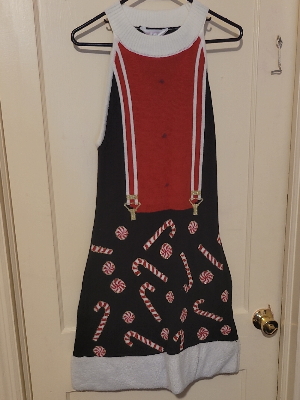 No Boundaries Red Sweater Christmas Candy cane Dress with Cream Ribbed Neckline